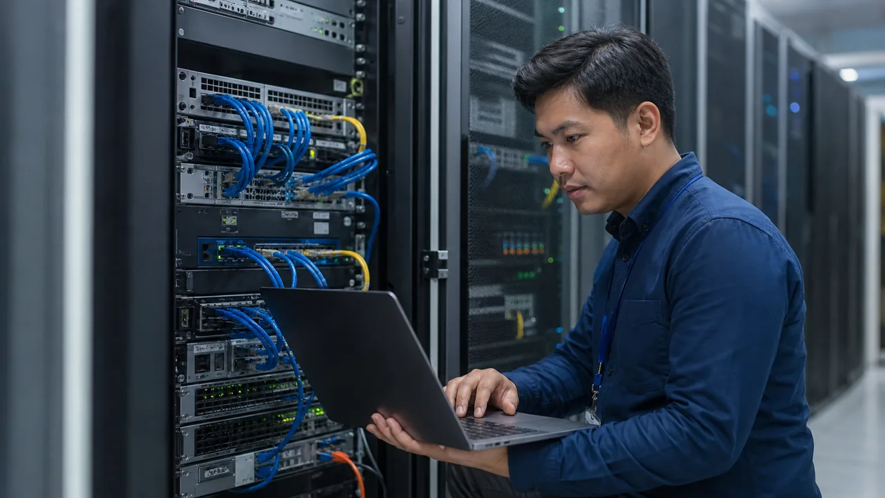 Engineer jaringan memeriksa switch dengan laptop di ruang server