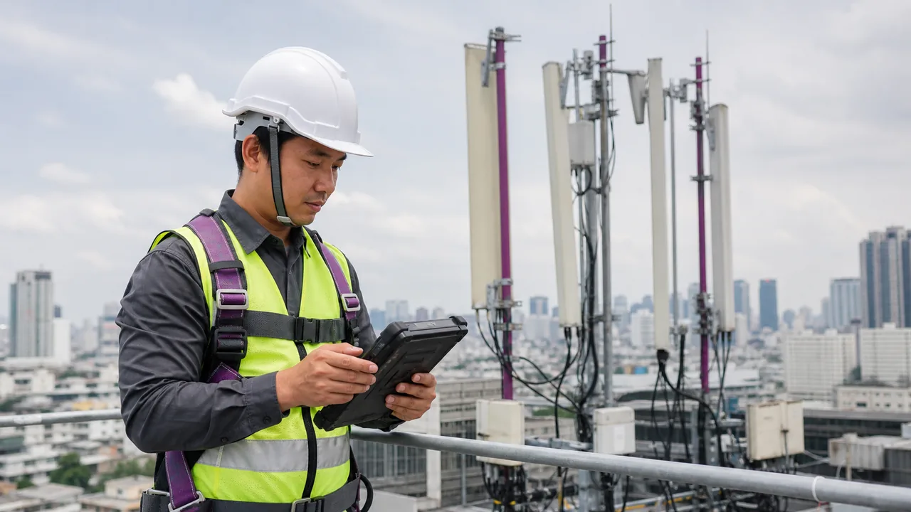 Engineer RF telecom mengukur site seluler rooftop dengan tablet